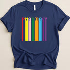 Navy t-shirt with colorful vertical bars spelling "PHARMACY".