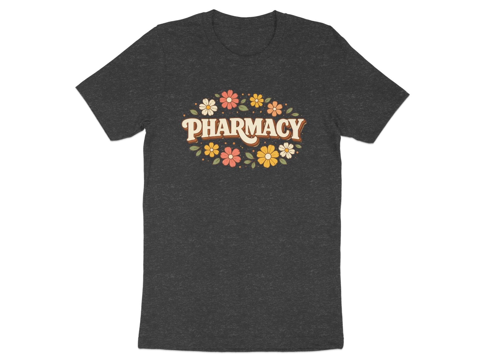 Dark t-shirt with "Pharmacy" in groovy font surrounded by colorful flowers.