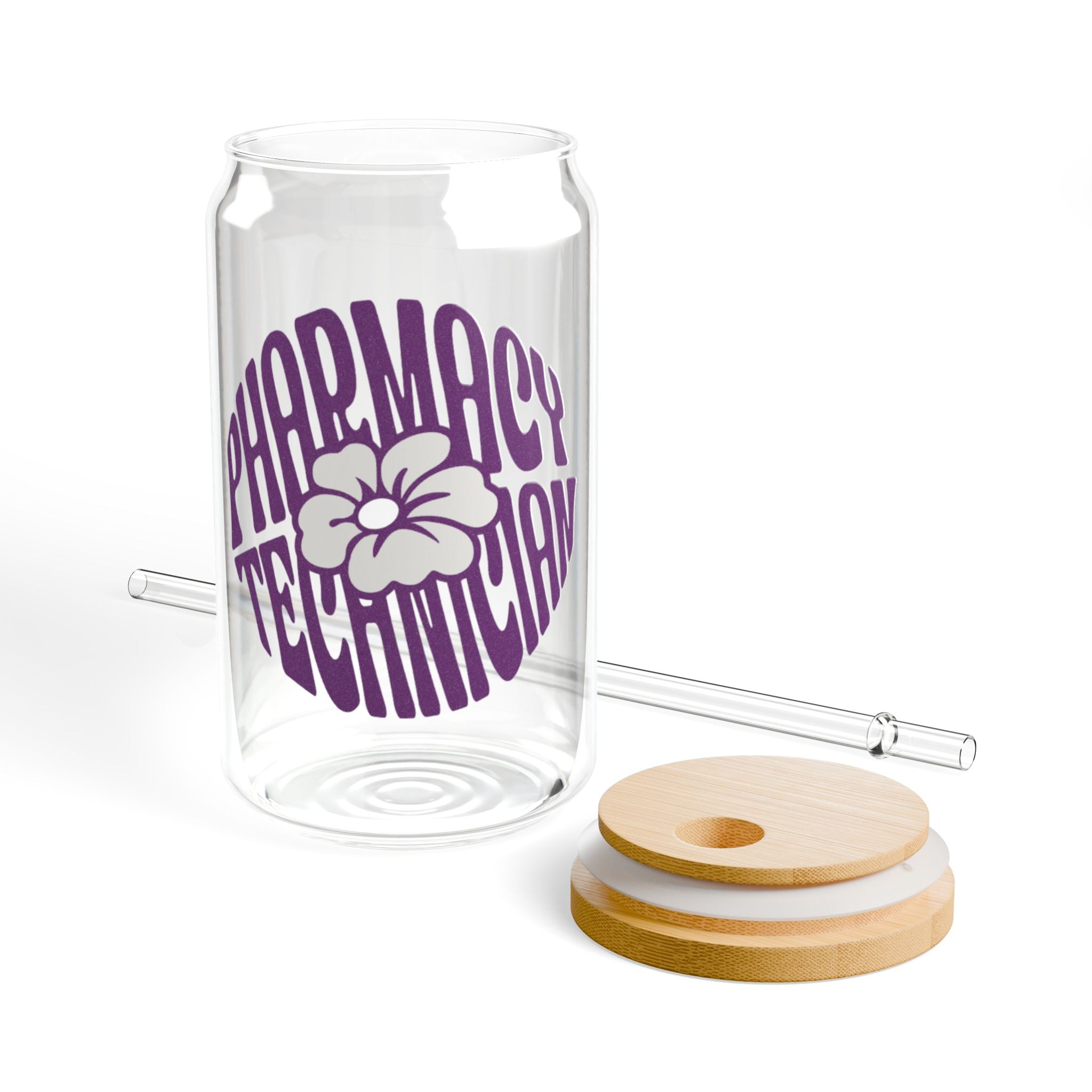 Glass can-shaped tumbler with "Pharmacy Technician" text and flower graphic.