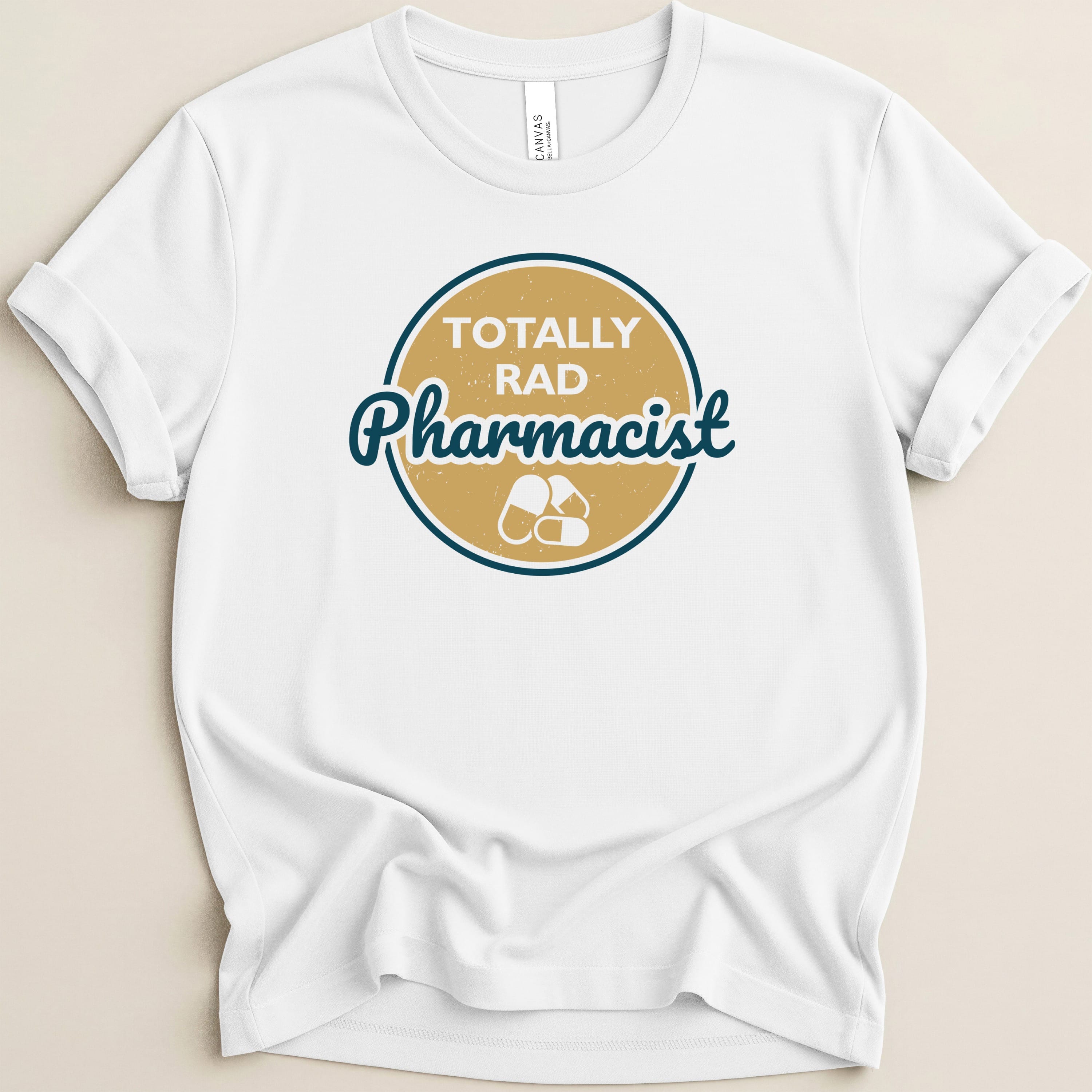White t-shirt with "Totally Rad Pharmacist" text and pharmacy symbol.