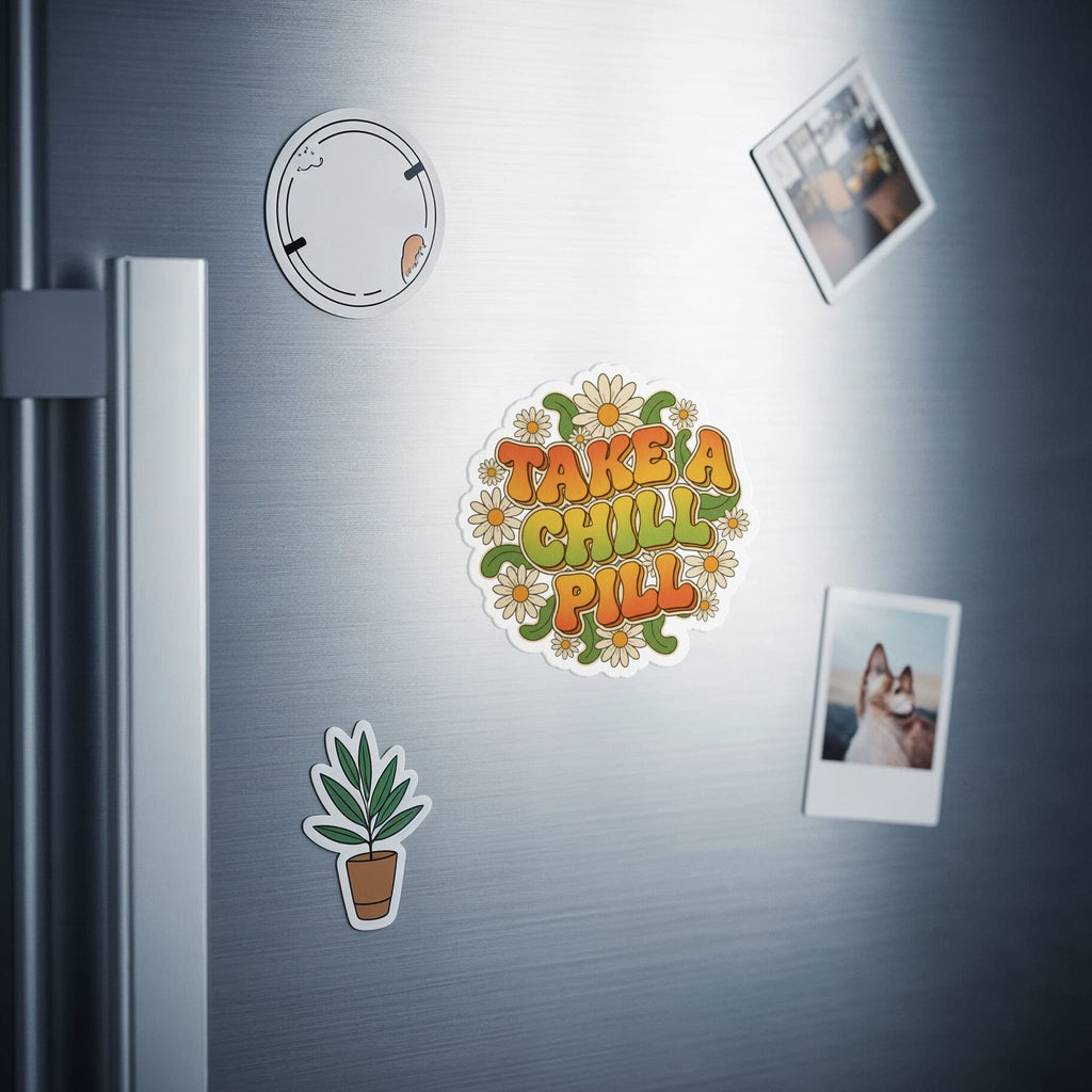 Retro floral sticker with text "TAKE A CHILL PILL" on a refrigerator.
