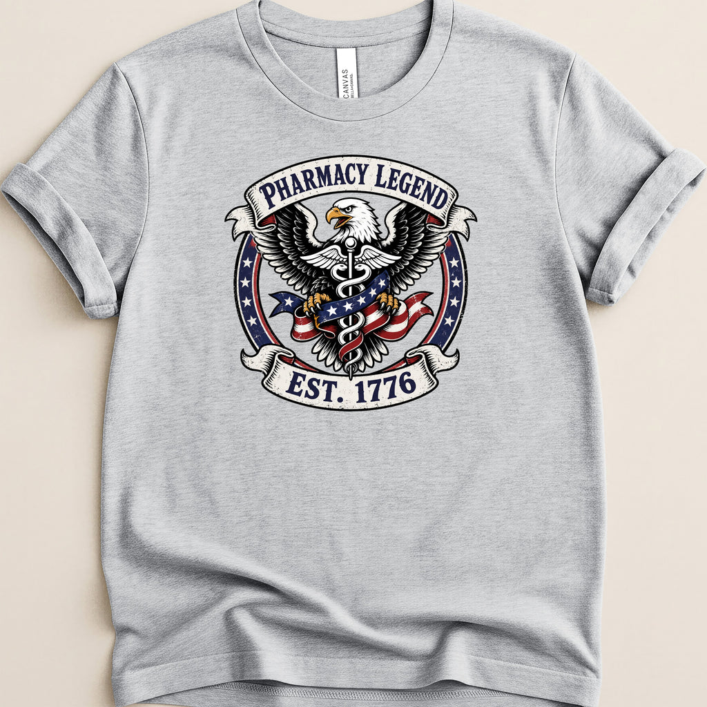 Pharmacy Legend EST 1776 eagle and flag emblem t-shirt design.