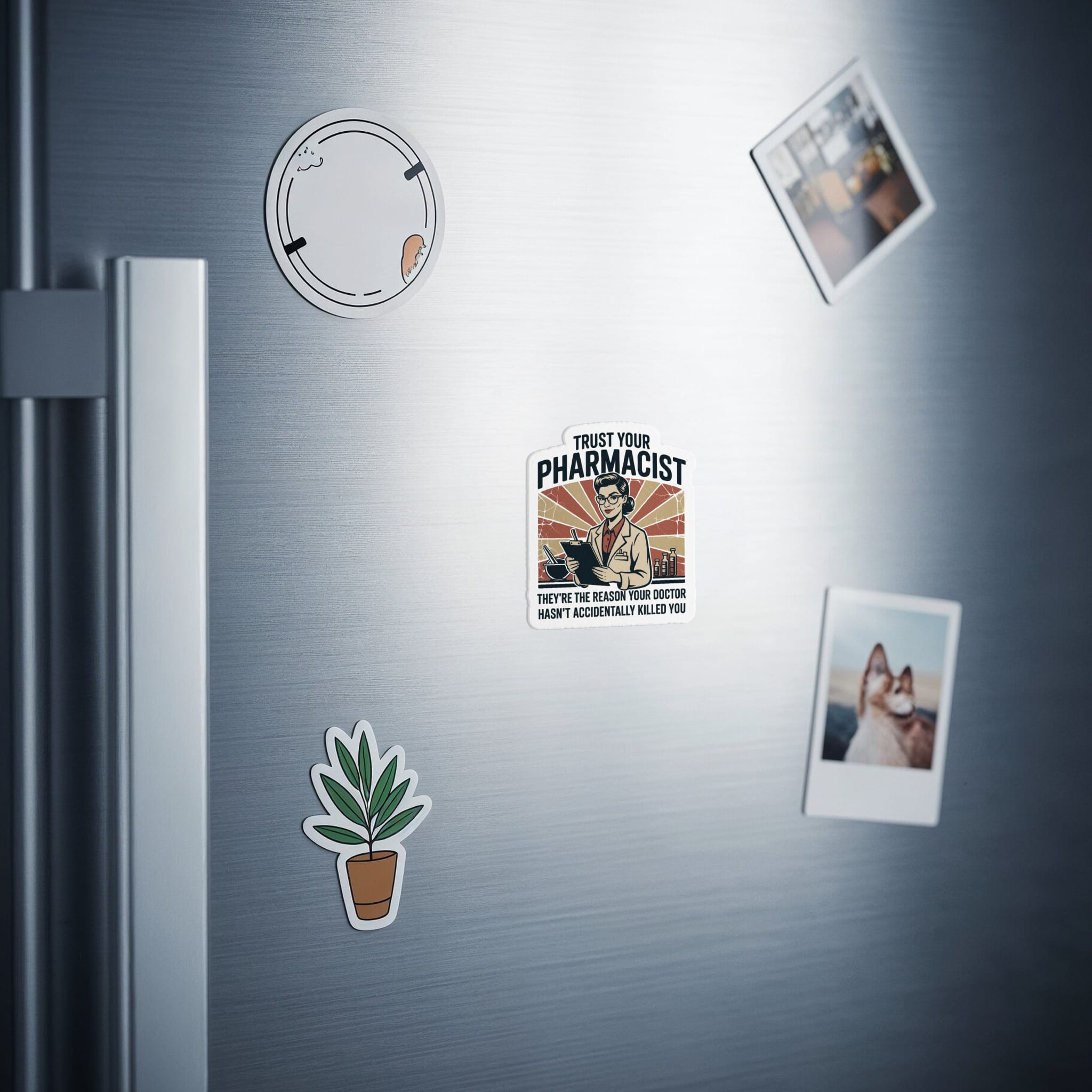 Magnet on a refrigerator with "Trust Your Pharmacist" and illustration.