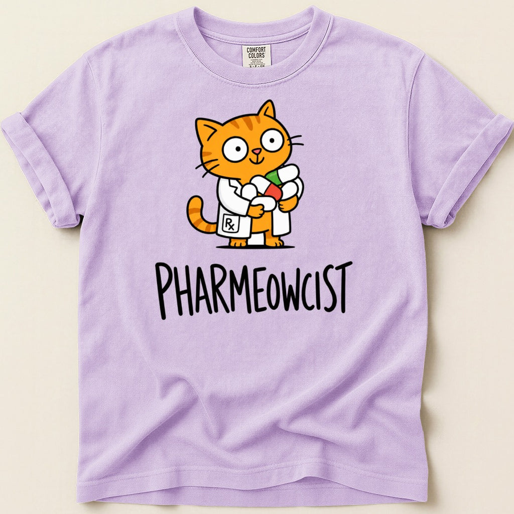 Purple t-shirt with cartoon orange cat in lab coat holding pills, text "PHARMEOWCIST".