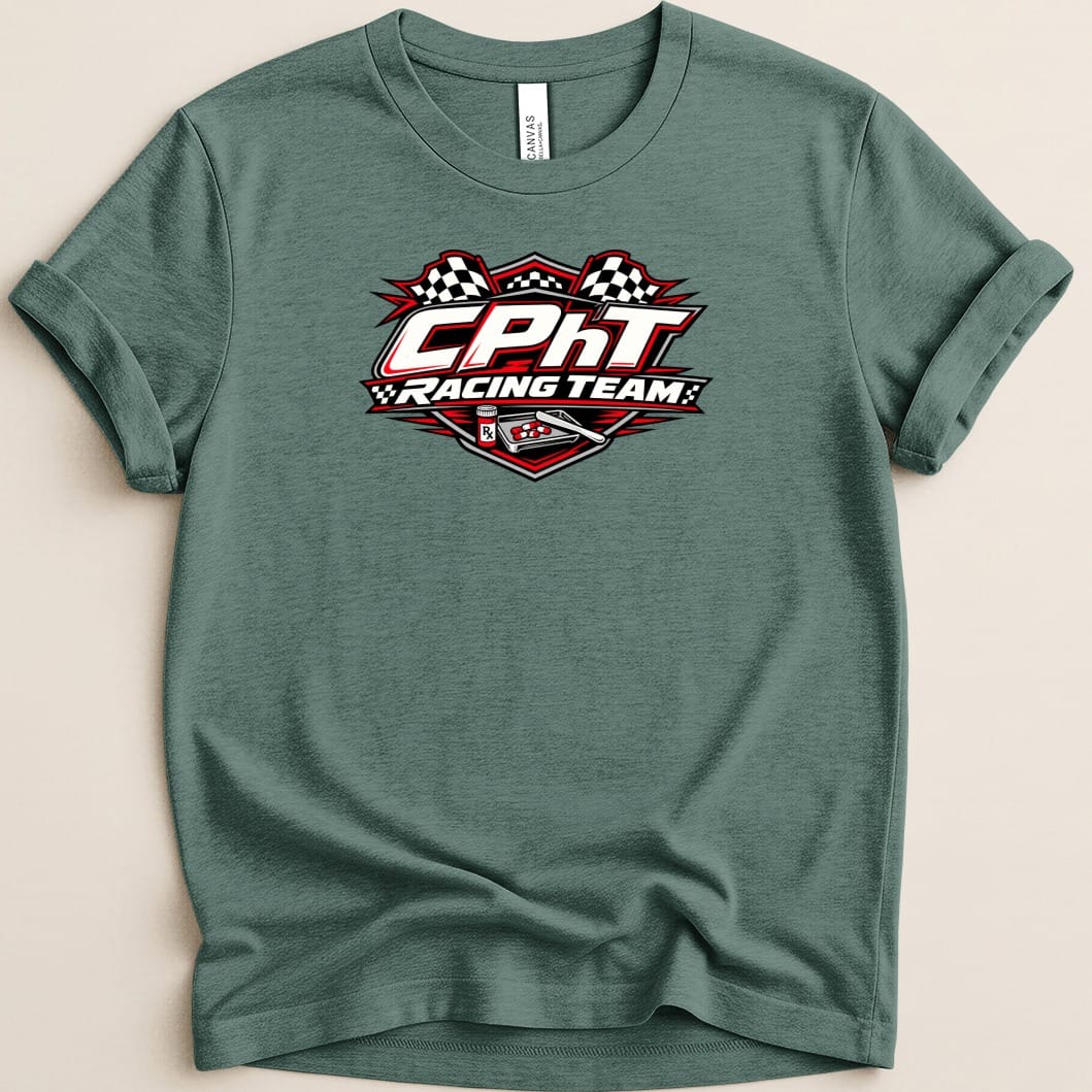 Teal t-shirt with "CPHT RACING TEAM" logo featuring checkered flags and a prescription bottle.