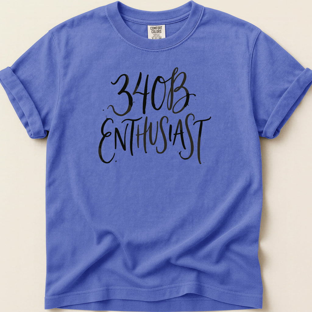 Blue t-shirt with "340B ENTHUSIAST" in black script lettering.