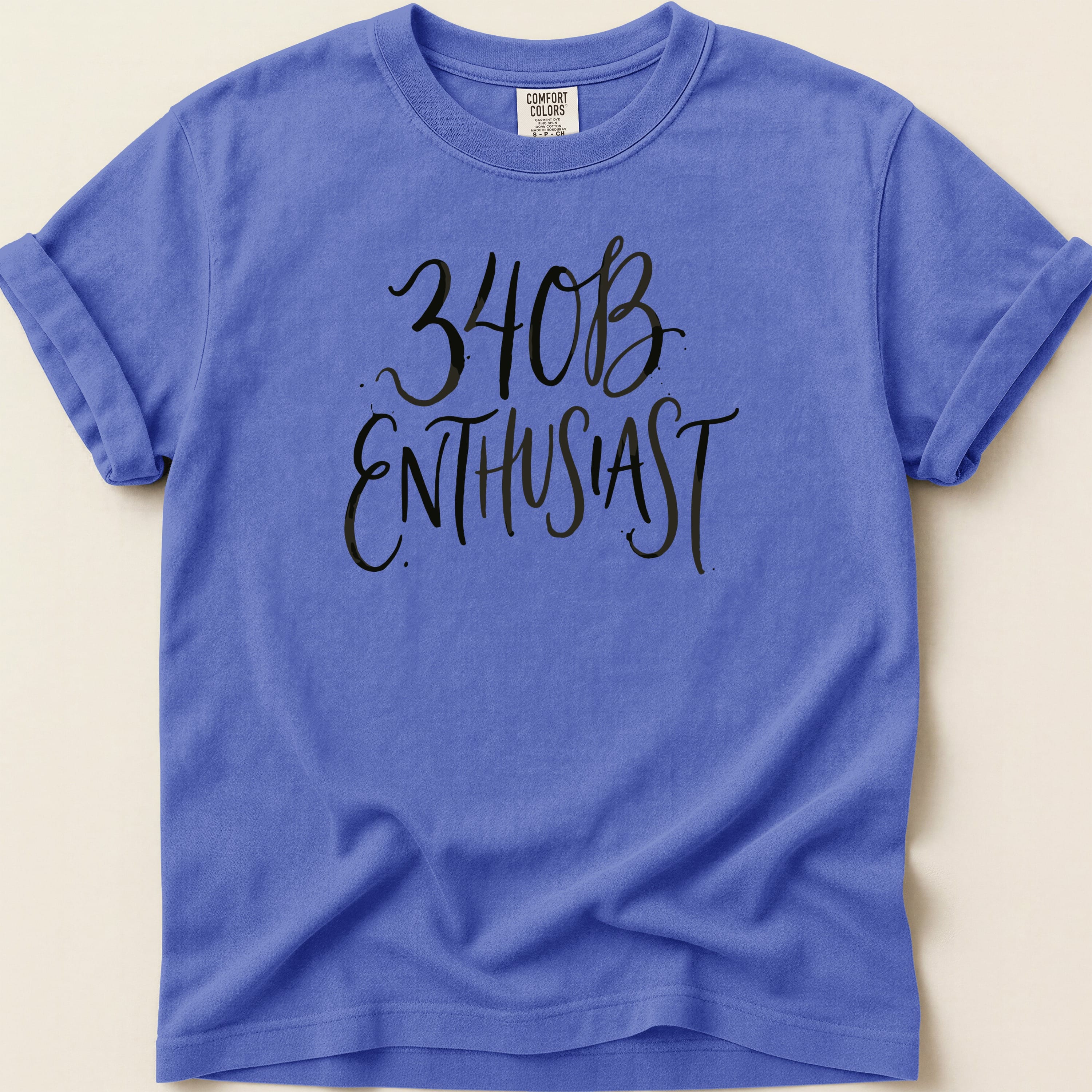 Blue t-shirt with "340B ENTHUSIAST" in black script lettering.