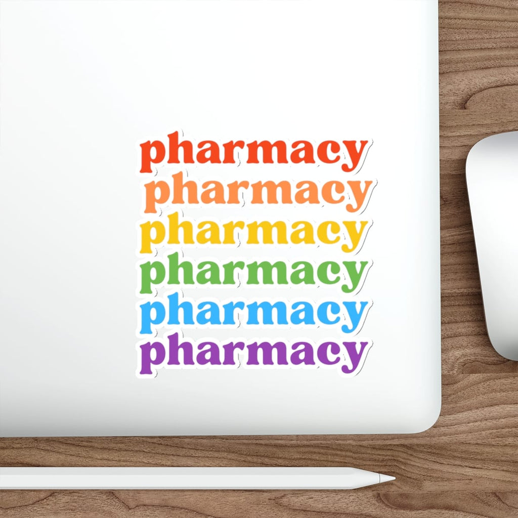 "Pharmacy" text in rainbow colors on a white sticker.