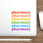 "Pharmacy" text in rainbow colors on a white sticker.