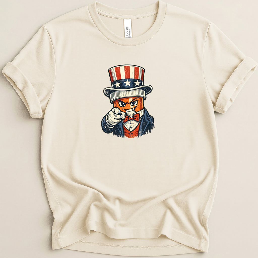 Cartoon Uncle Sam pointing forward, wearing a red bowtie and top hat.