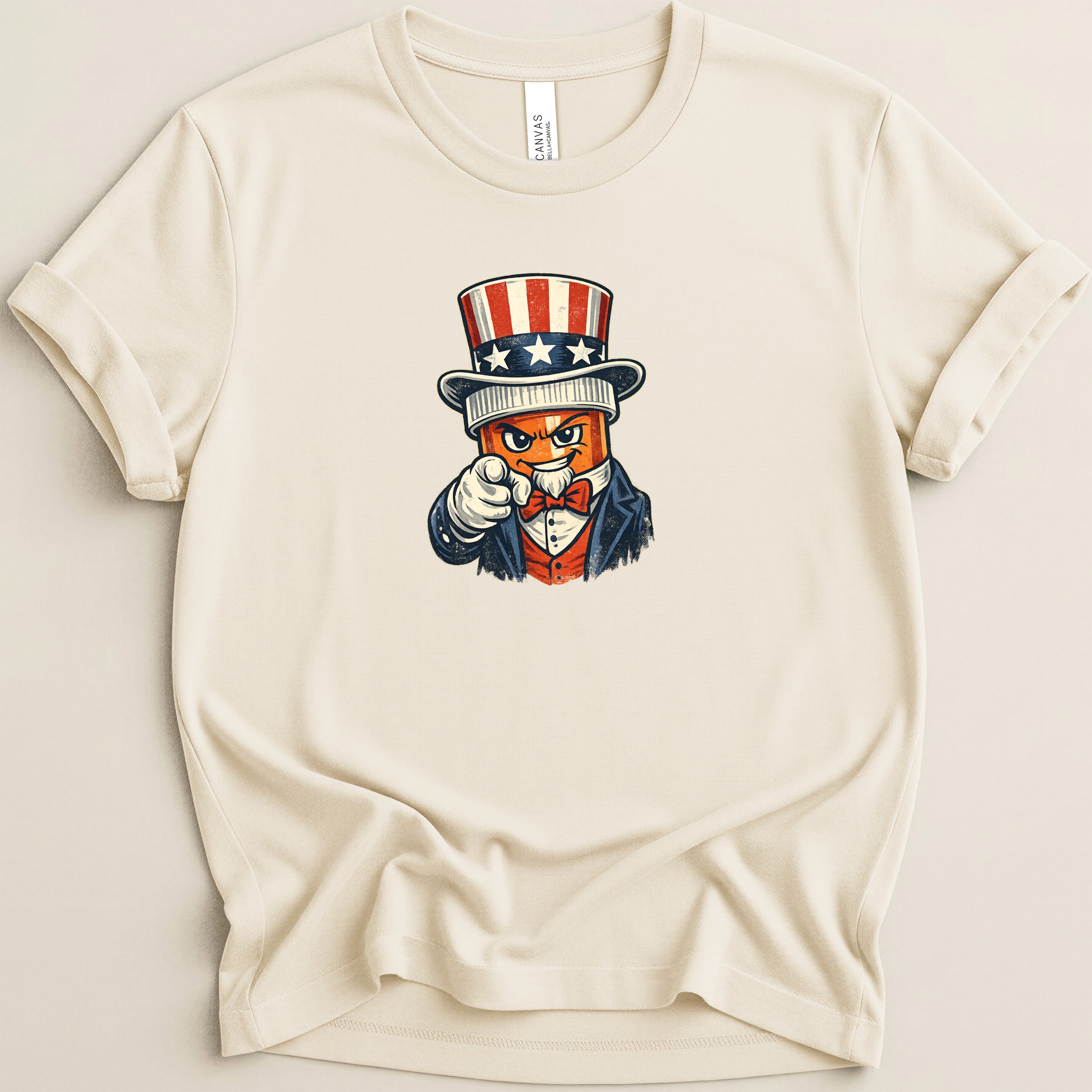 Cartoon Uncle Sam pointing forward, wearing a red bowtie and top hat.