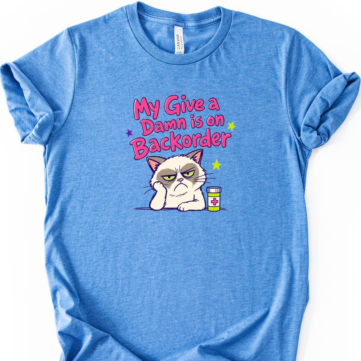 Blue t-shirt with grumpy cat and text "My Give a Damn is on Backorder".