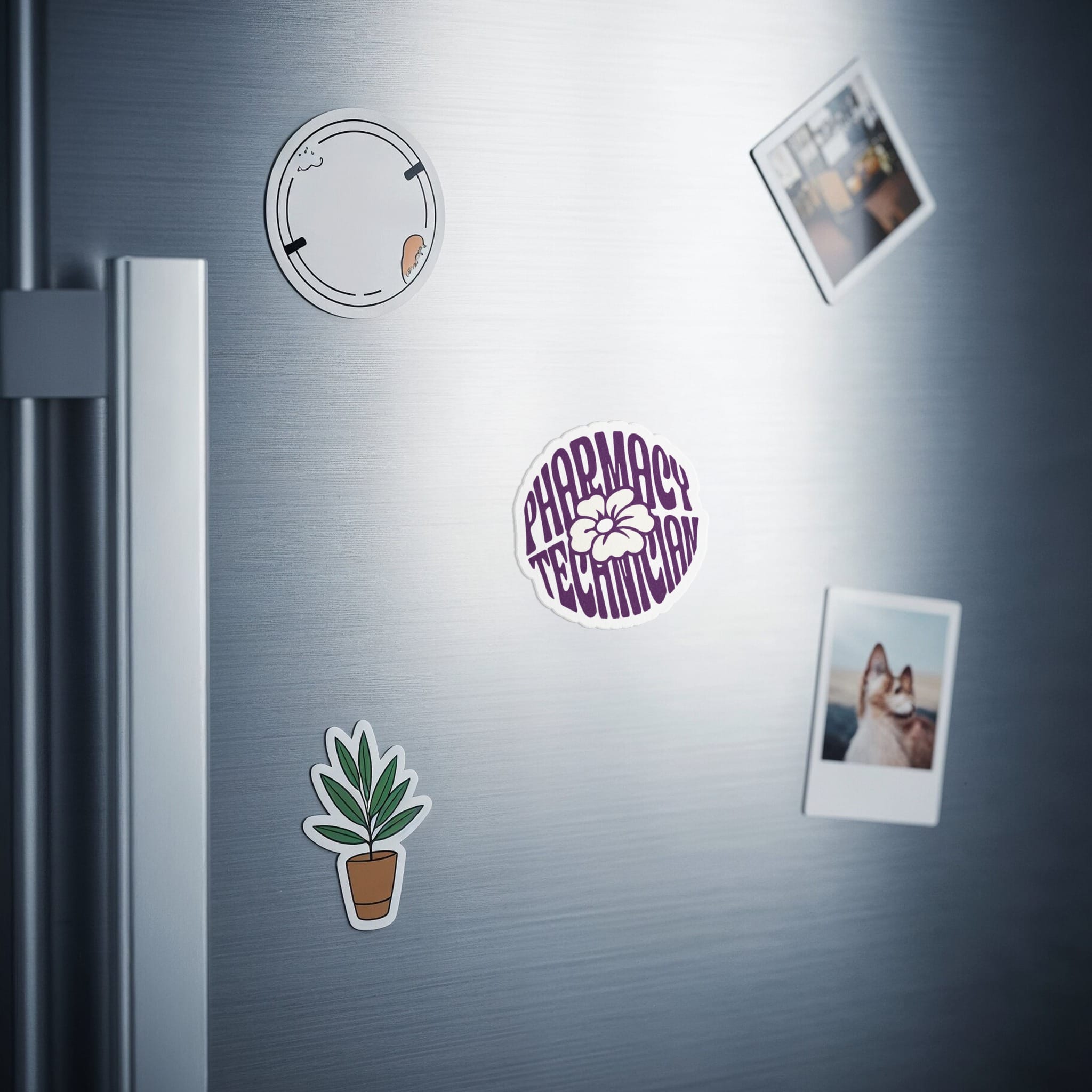Purple circular pharmacy technician sticker on a refrigerator door.