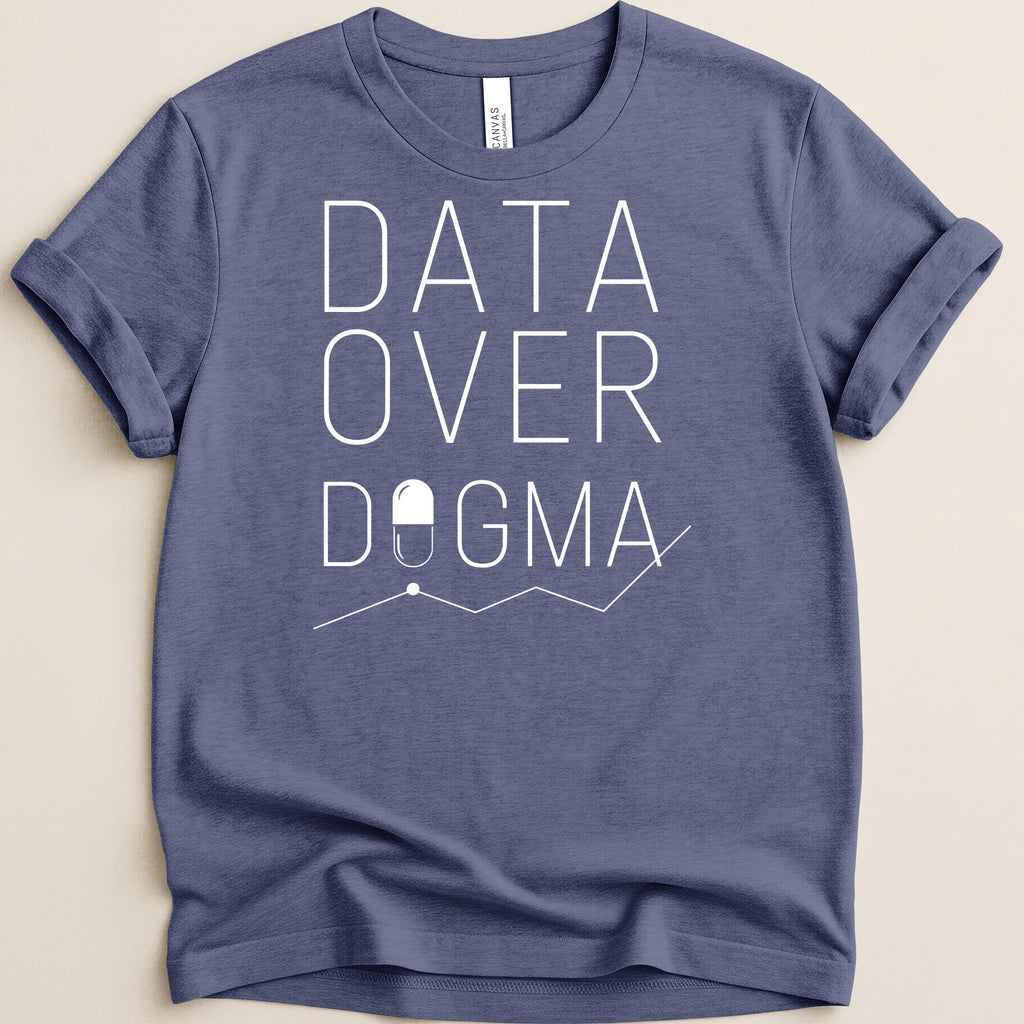 Blue t-shirt with "DATA OVER DOGMA" text and a pill icon with a graph.