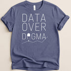 Blue t-shirt with "DATA OVER DOGMA" text and a pill icon with a graph.