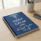 Blue notebook with "Keep Calm" text and a Caduceus symbol.