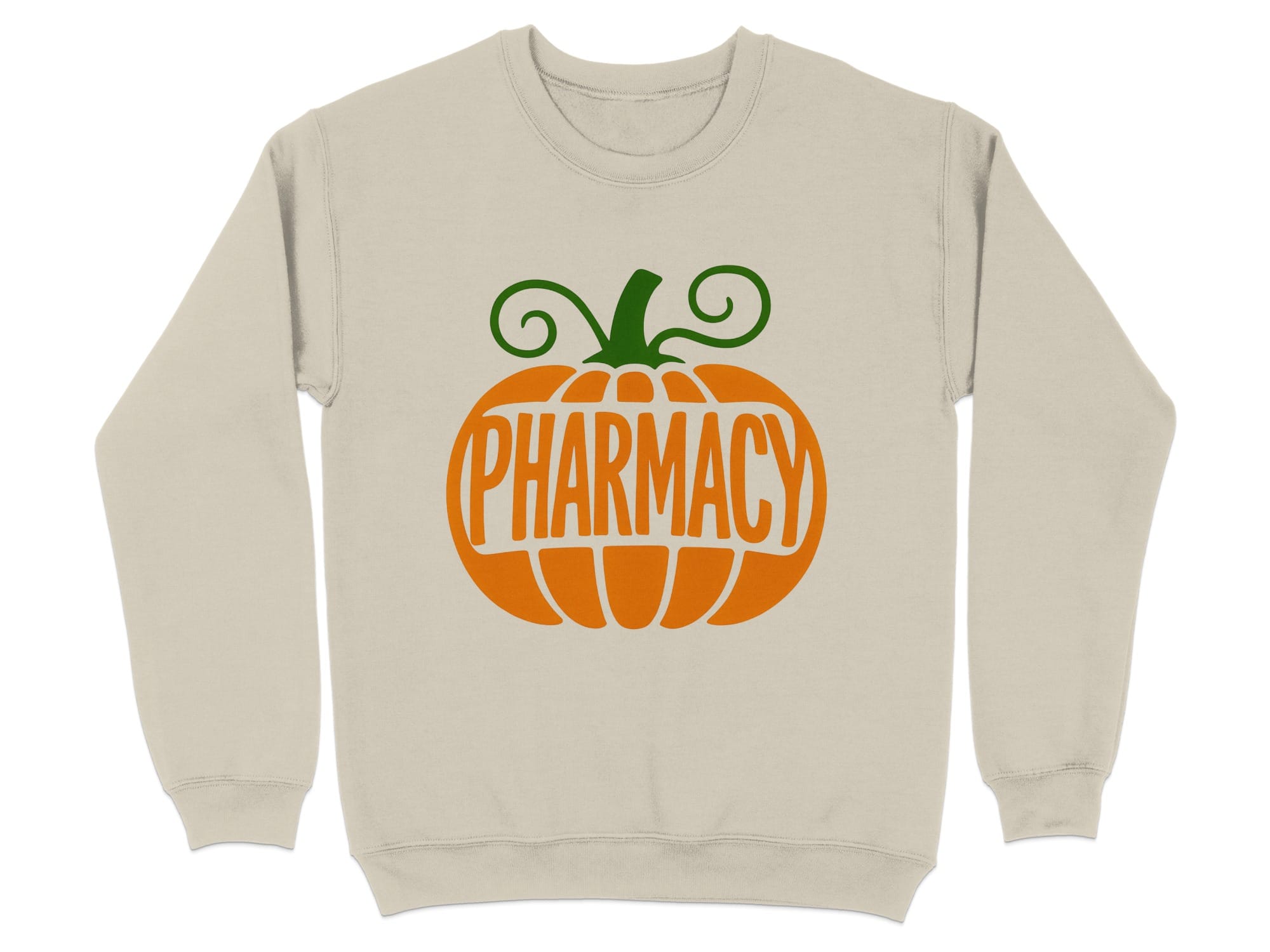 Cream sweatshirt with an orange pumpkin design and the word "Pharmacy".