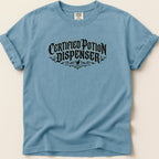 Blue t-shirt with "Certified Potion Dispenser" text and decorative elements.