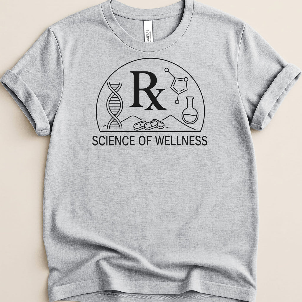 Grey t-shirt with "Science of Wellness" logo featuring DNA and chemical structures.