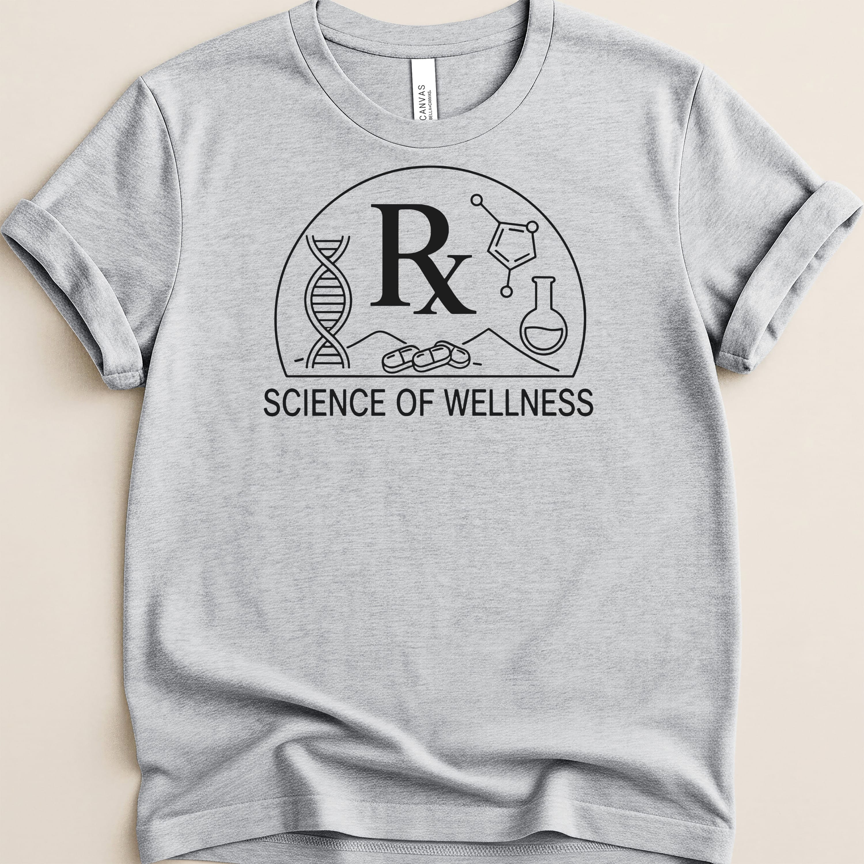 Grey t-shirt with "Science of Wellness" logo featuring DNA and chemical structures.