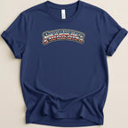 Navy t-shirt with "Pharmacy" in an arched, distressed American flag design.