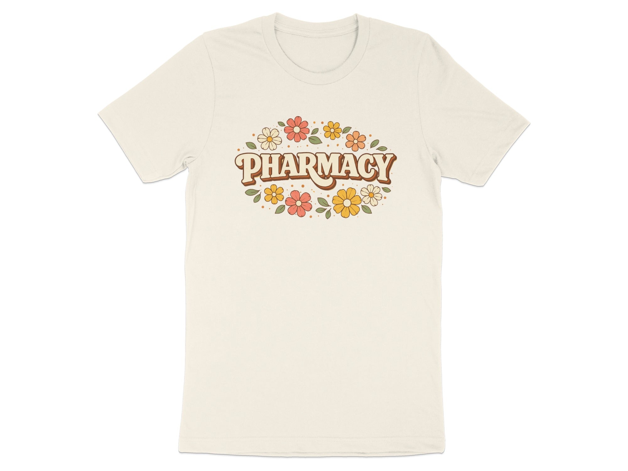 Cream t-shirt with "Pharmacy" in retro floral lettering.
