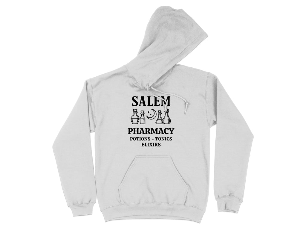 Black graphic on white hoodie with "Salem Pharmacy Potions Elixirs" text and potion bottles.