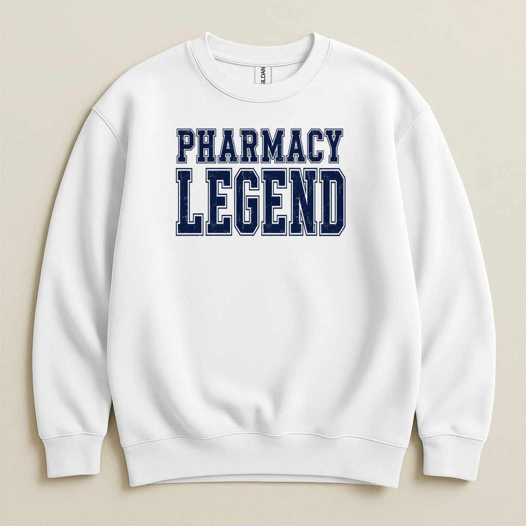 White crewneck sweatshirt with "PHARMACY LEGEND" text.