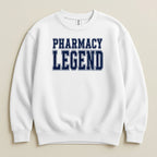White crewneck sweatshirt with "PHARMACY LEGEND" text.