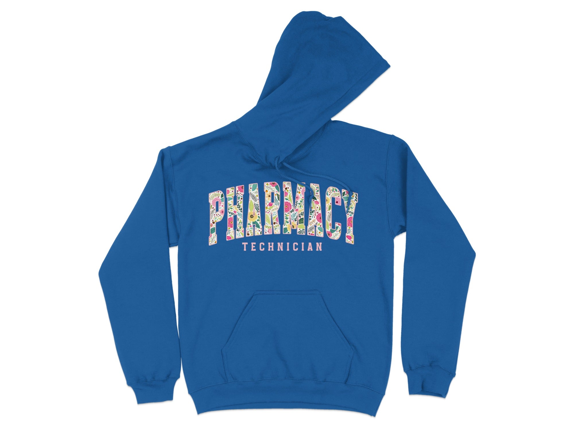 Blue hoodie with "Pharmacy Technician" text and floral accents.