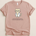 T-shirt with cartoon cat in lab coat, glasses, and text.
