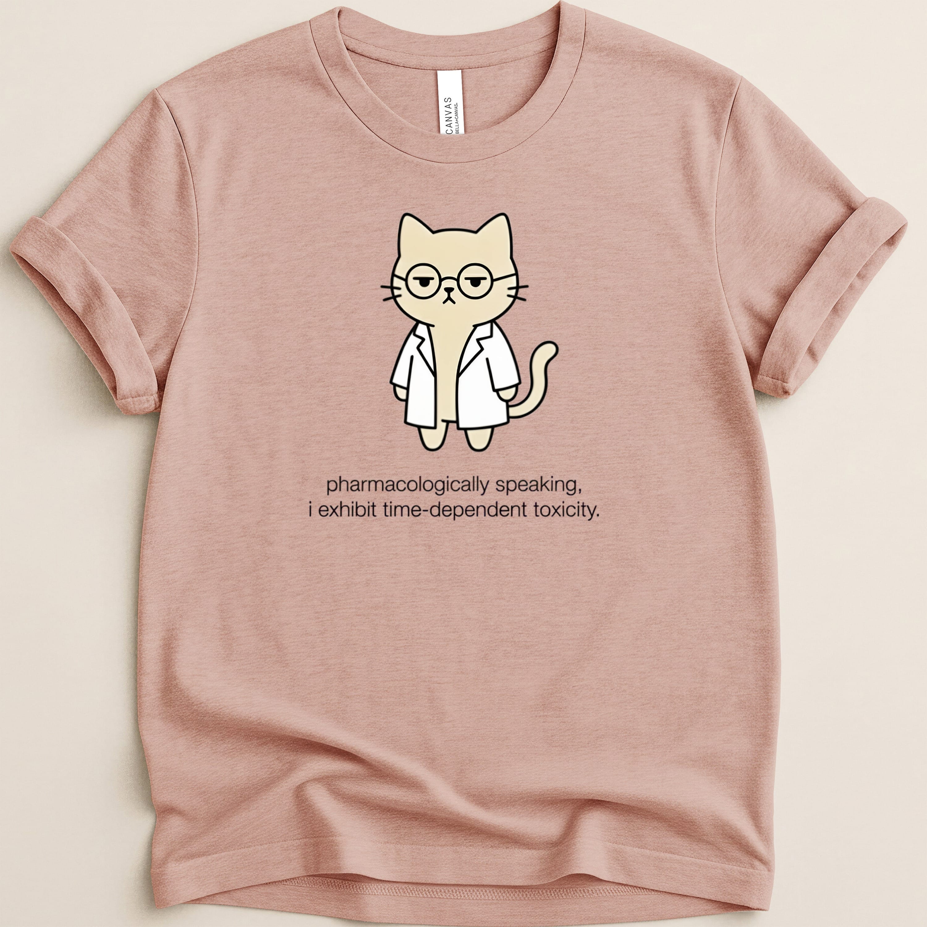 T-shirt with cartoon cat in lab coat, glasses, and text.