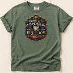 Green t-shirt with "Proudly Dispensing Freedom Since 1776" emblem.
