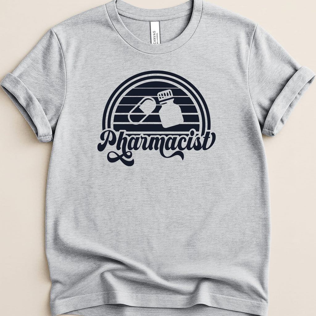 T-shirt with "Pharmacist" text, pill, and bottle graphic.