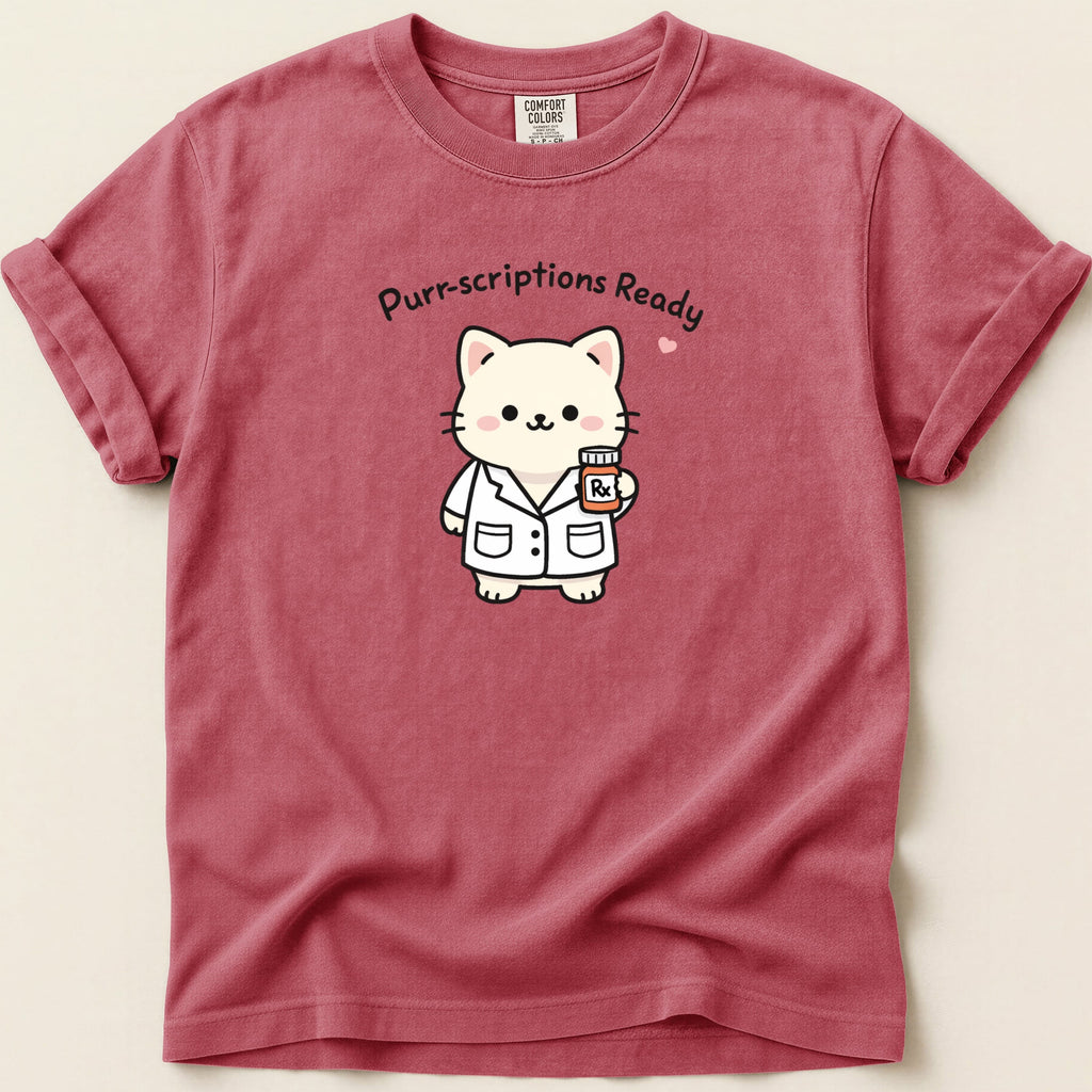 Cartoon cat in lab coat holding medicine bottle with "Purr-scriptions Ready" text.