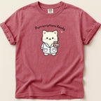 Cartoon cat in lab coat holding medicine bottle with "Purr-scriptions Ready" text.