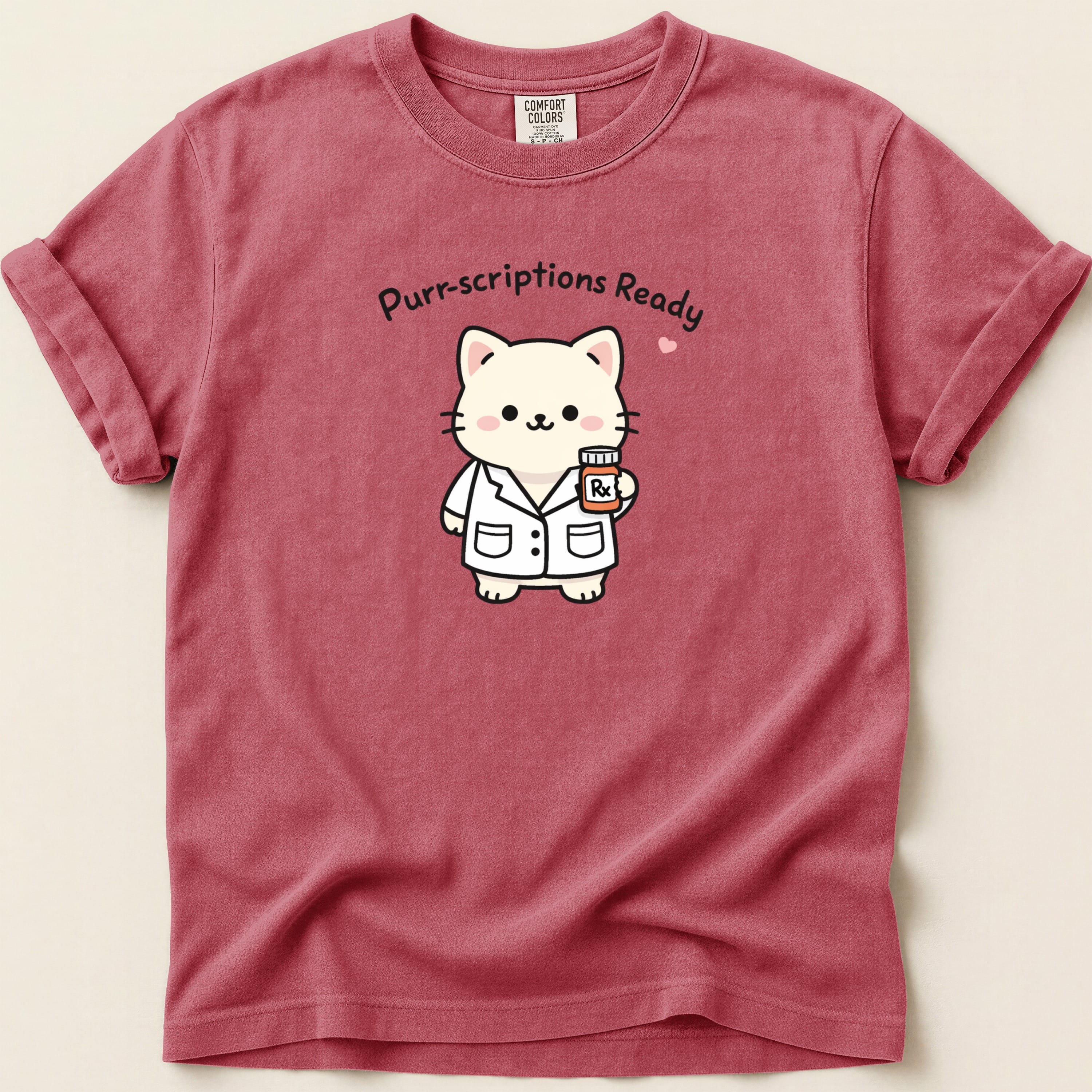 Cartoon cat in lab coat holding medicine bottle with "Purr-scriptions Ready" text.