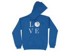Blue hoodie with "LO VE" text and a circular graphic on the chest.