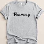 Gray t-shirt with "Pharmacy" in Disney-style font.