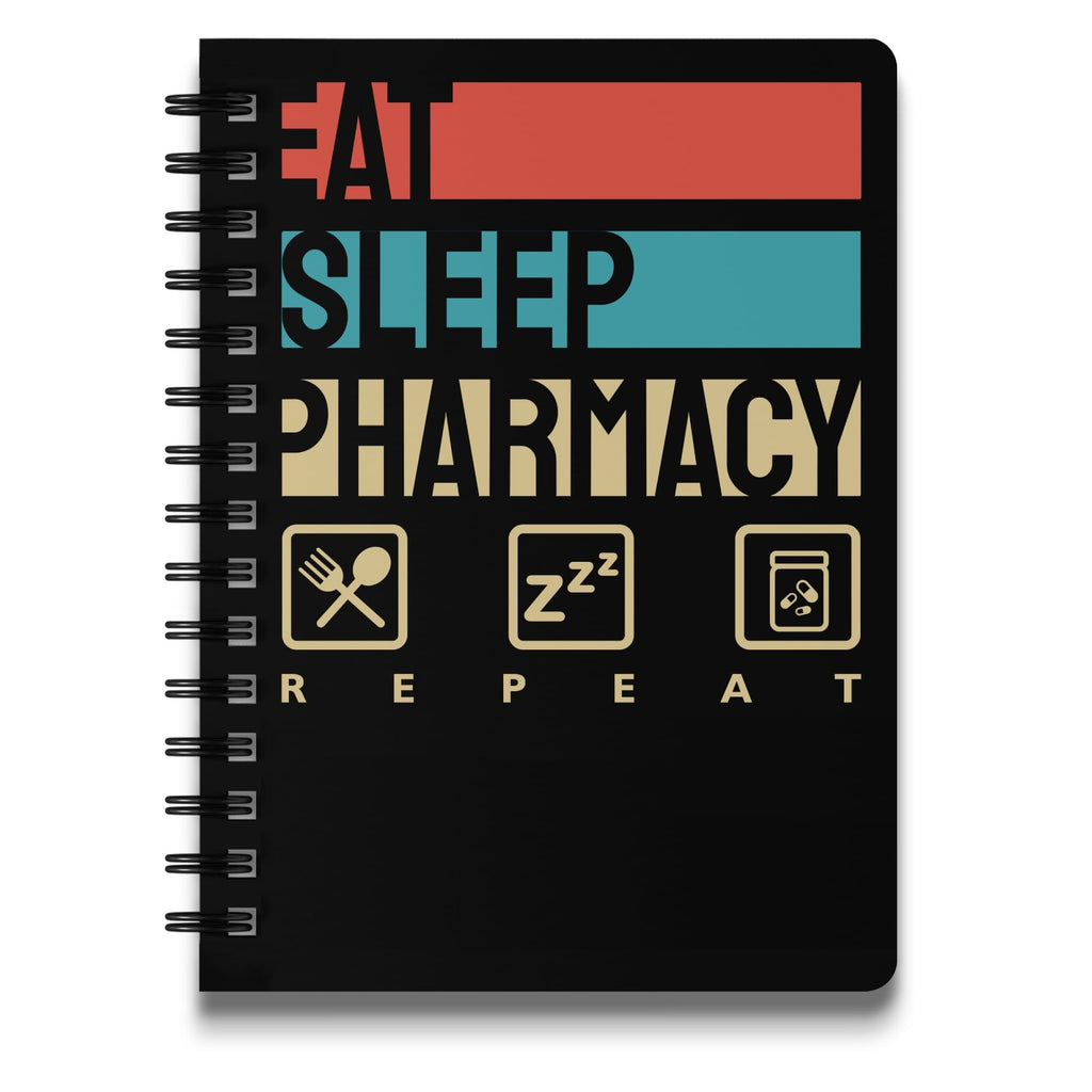Black spiral notebook with "Eat Sleep Pharmacy Repeat" and icons.