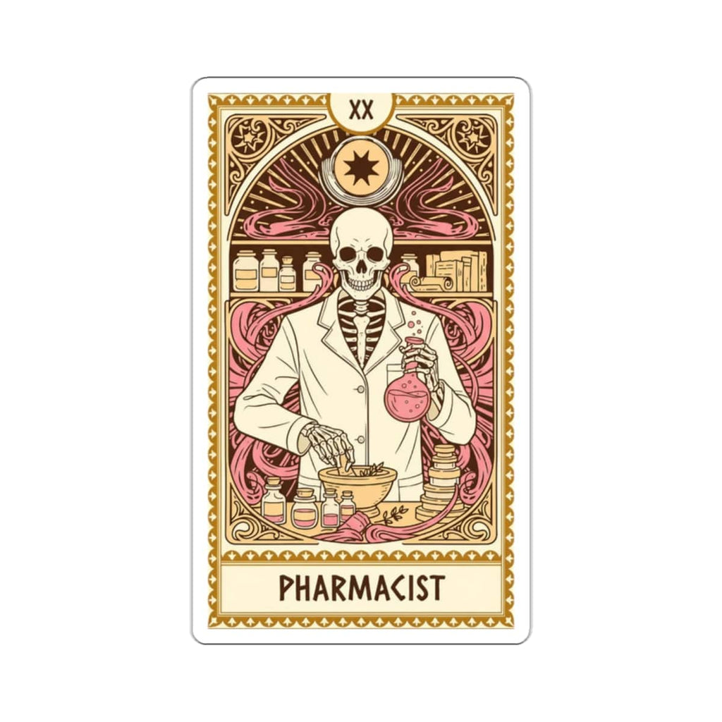 Skeleton pharmacist in a lab coat holding a flask, with bottles and mortar.