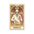 Skeleton pharmacist in a lab coat holding a flask, with bottles and mortar.