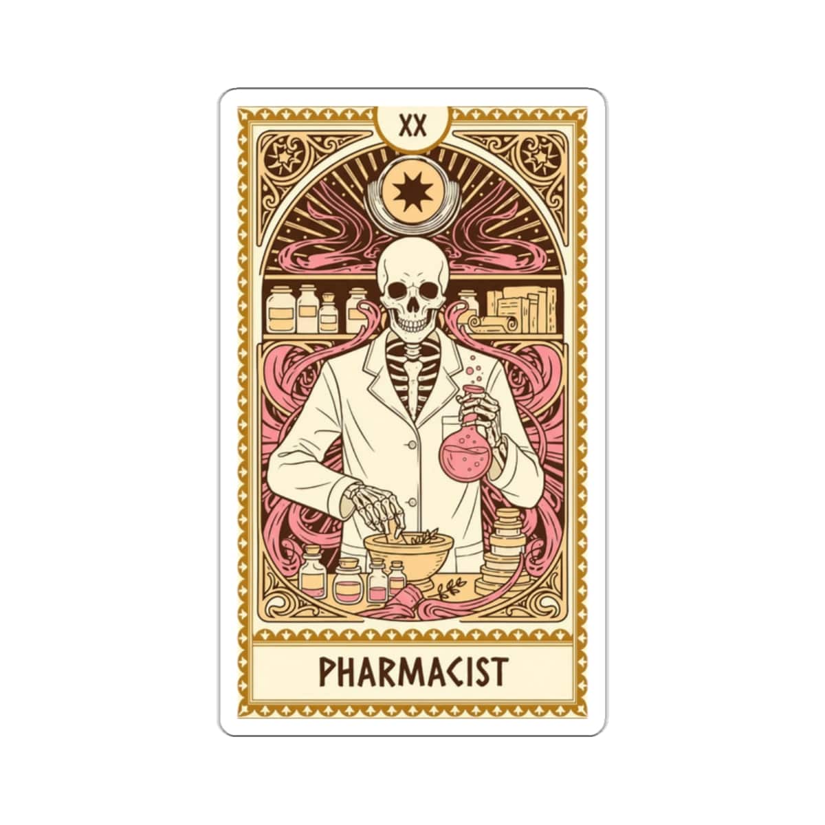 Skeleton pharmacist in a lab coat holding a flask, with bottles and mortar.