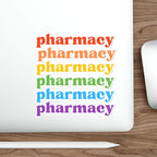Rainbow text spelling "pharmacy" stacked vertically on a white surface.