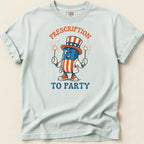 Cartoon pill wearing patriotic hat and lab coat, holding sparklers, with "Prescription To Party" text.
