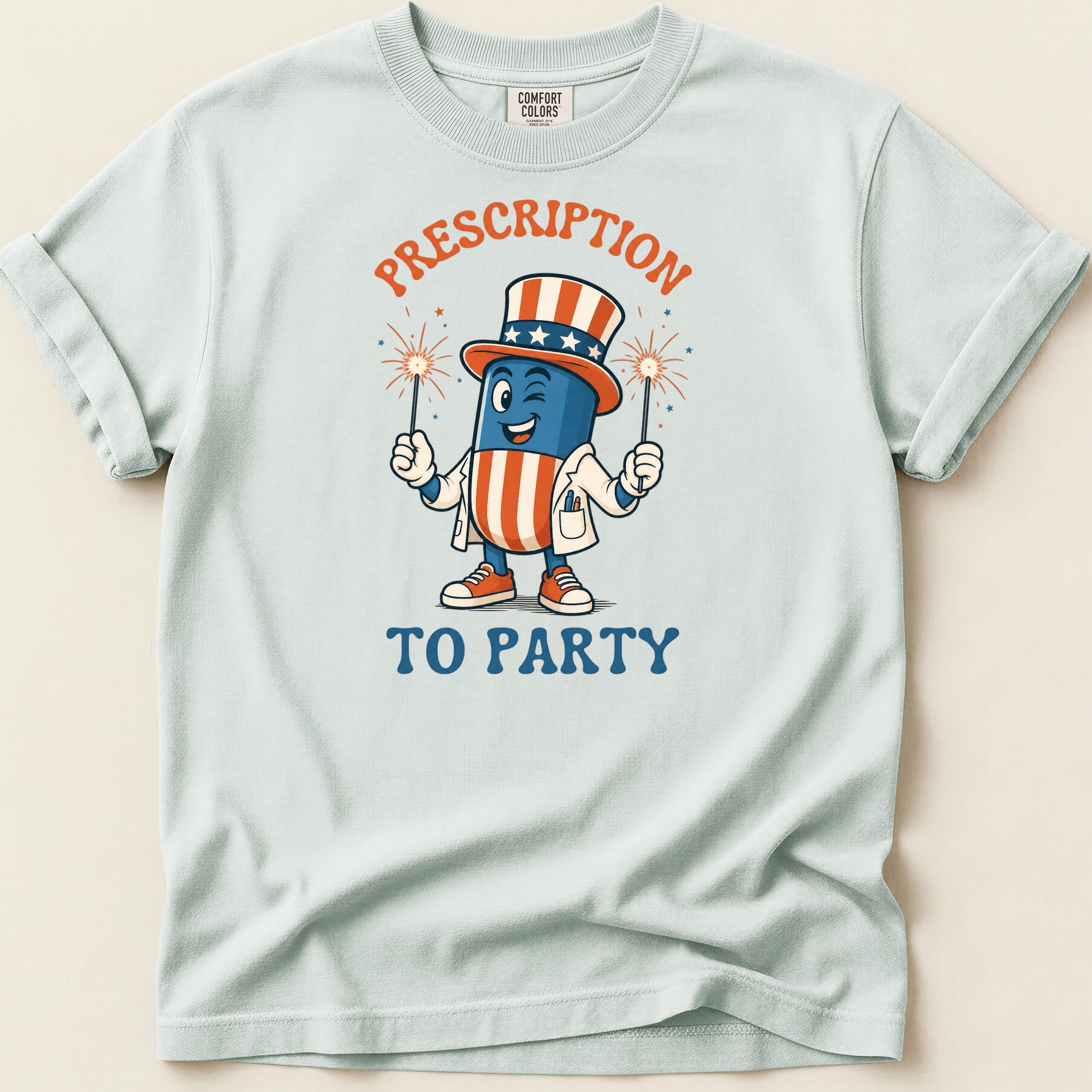 Cartoon pill wearing patriotic hat and lab coat, holding sparklers, with "Prescription To Party" text.
