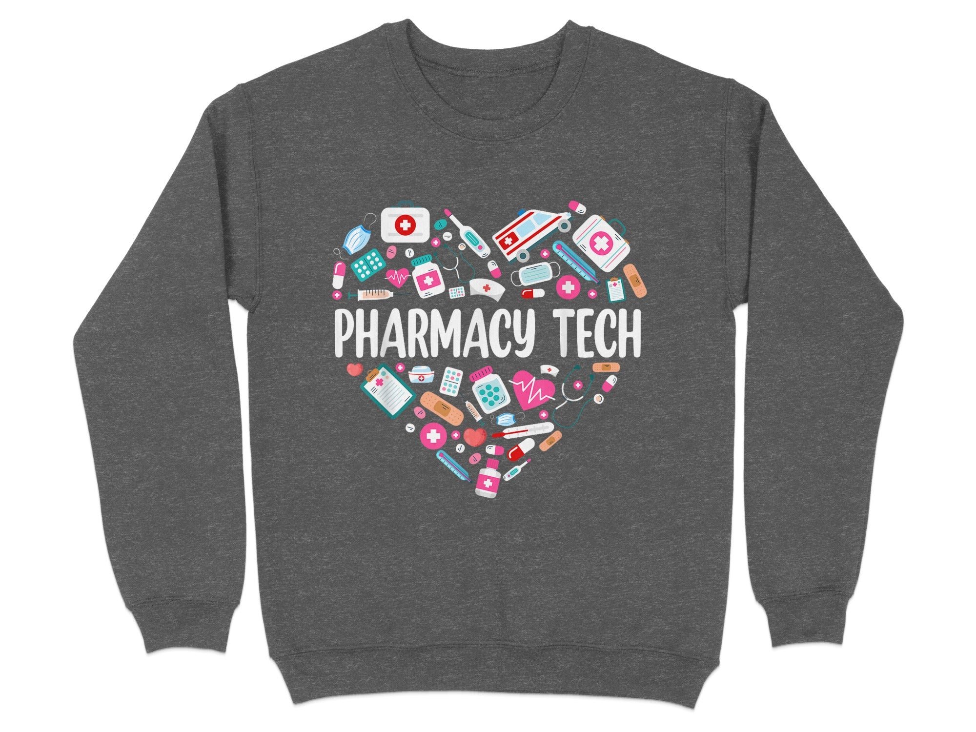 Dark gray sweatshirt with a heart of pharmacy icons and "Pharmacy Tech" text.