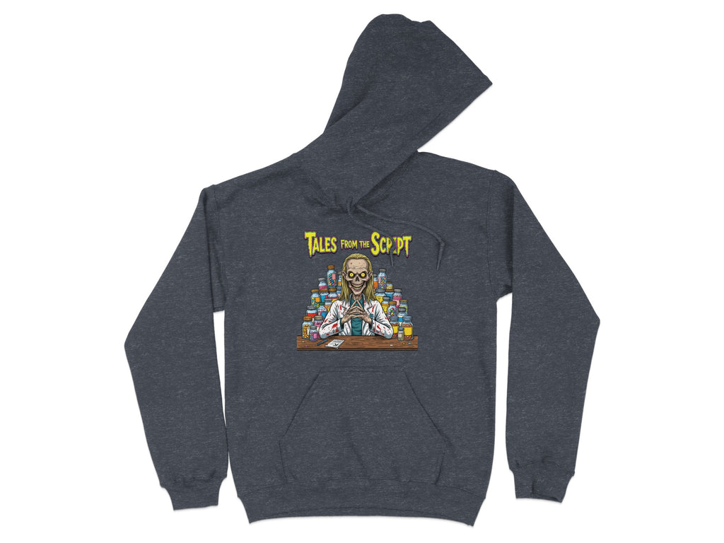 Dark grey hoodie with a skull wearing glasses, surrounded by pills.
