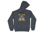 Dark grey hoodie with a skull wearing glasses, surrounded by pills.