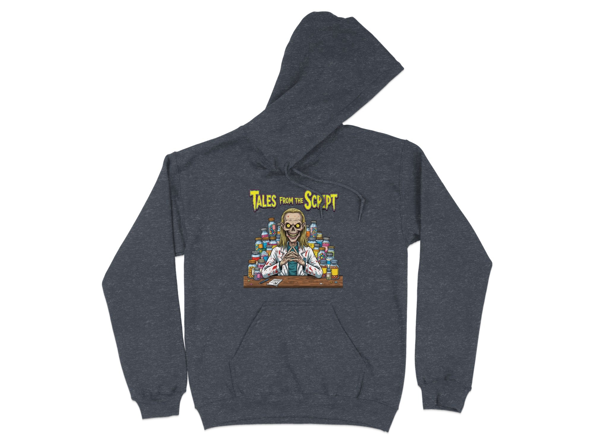Dark grey hoodie with a skull wearing glasses, surrounded by pills.